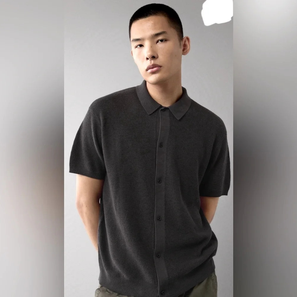 Sz S American Eagle men waffle button up sweater Polo shirt black NWT